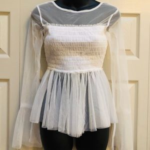 NEW Tulle Smocked Mesh Long Sleeve Party Top Sz S